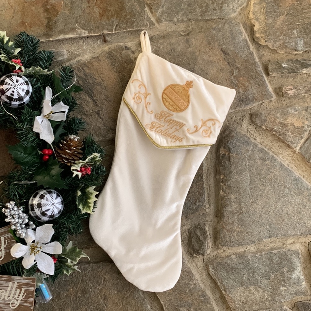 Ivory Velvet Christmas Stocking “Happy Holidays “